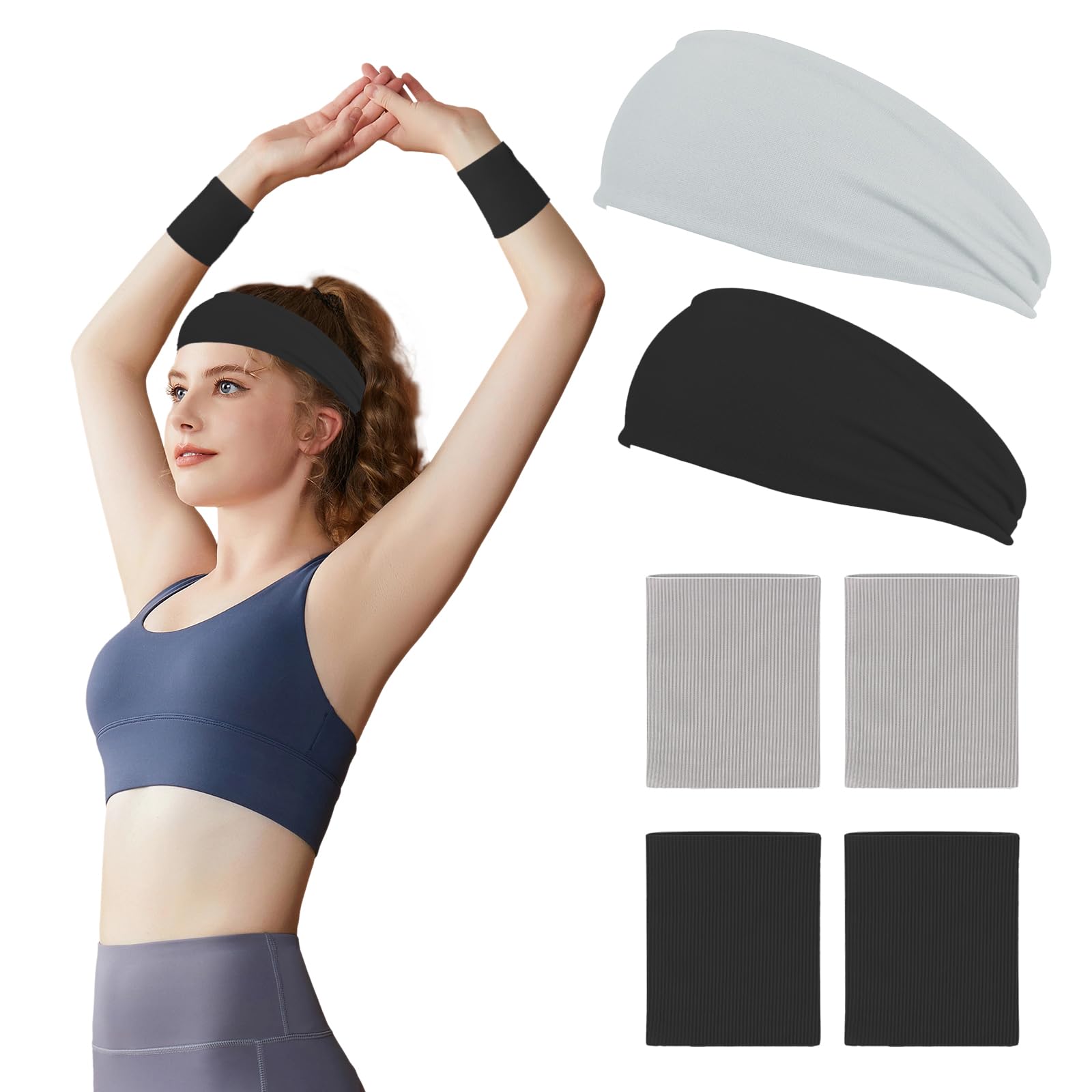 LUFFLOK 6 PCS Running Headbands & Wrist Sweat Bands, Gym Headband Elastic Stretchy Sweat Bands for Men Women, Sports Headband and Wristbands for Yoga Run Gym, Fitness Accessory Set (Black+Grey)