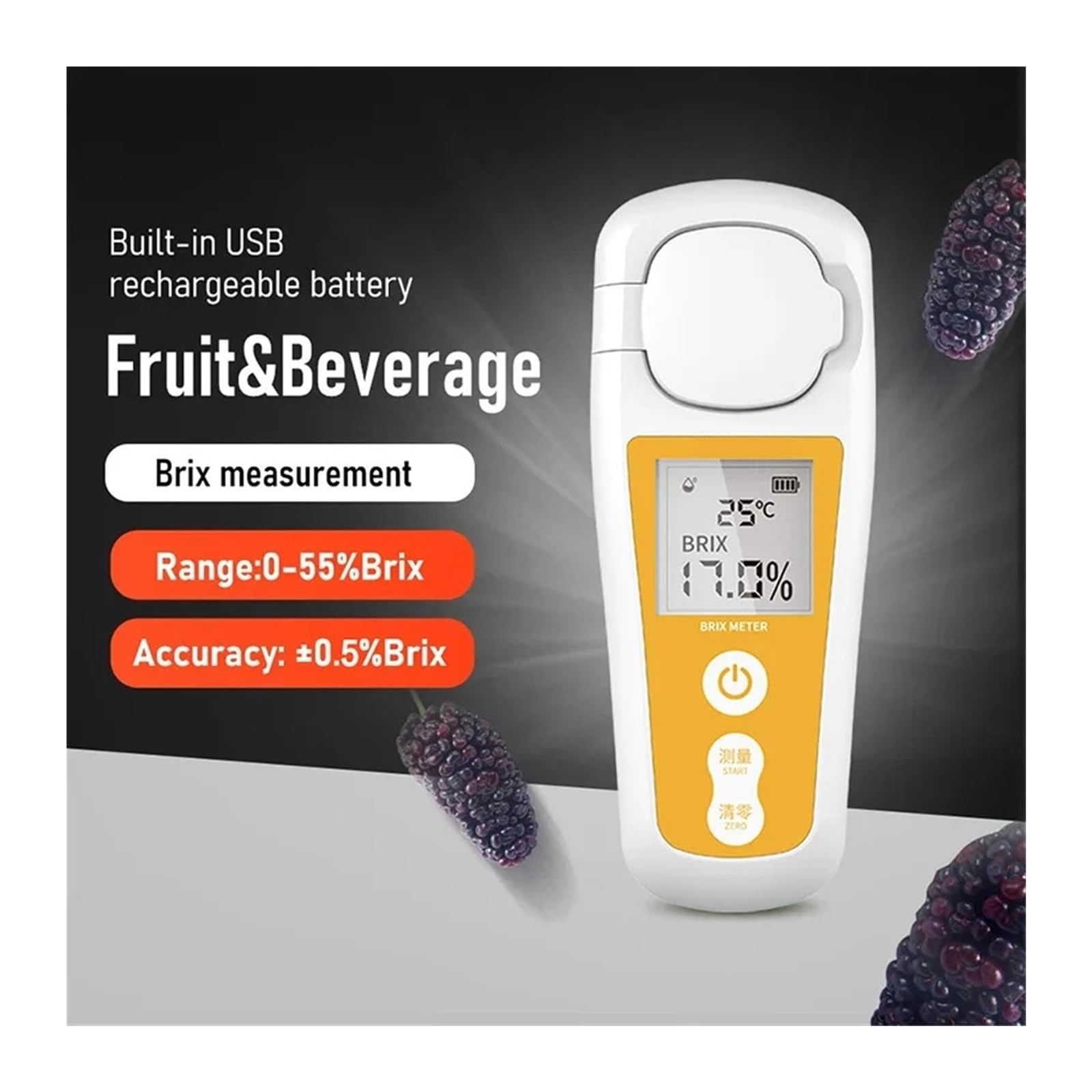 Refractómetro, Refractómetro Digital Recargable for medir y azúcar en líquidos con Pantalla LCD, for medir Frutas, Bebidas y Miel,para el hogar(0-55% Accuracy 0.5%)