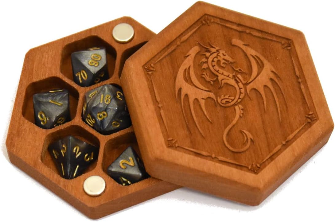 Keychain Hex Dice Wood Chest with Magnetic Lid - Perfect for DnD, Magic the Gathering Dice Counters and Any Other Tabletop Games (Mini-Cherry/Dragon)