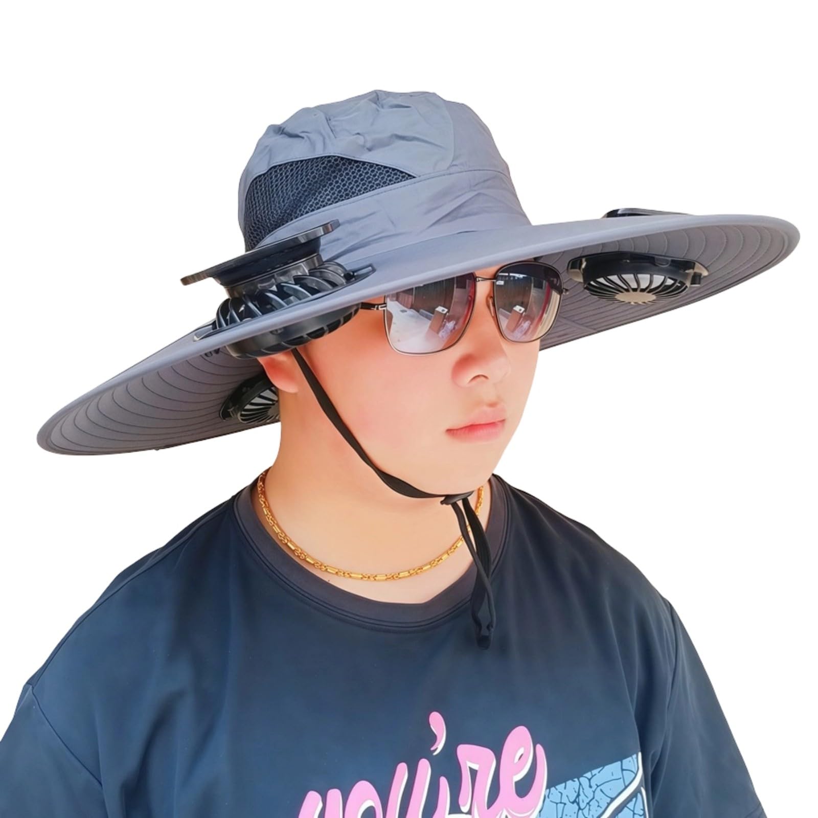 Cooling Sun Hat with Wide Brim Shade and Chin Cord, Wearable Solar Fan Hat for Hiking Fishing and Travel Solar Fan Wide Brim Cooling Sunhat Outdoor Shade Cap Wearable Camping Fishing Hiking Gardening
