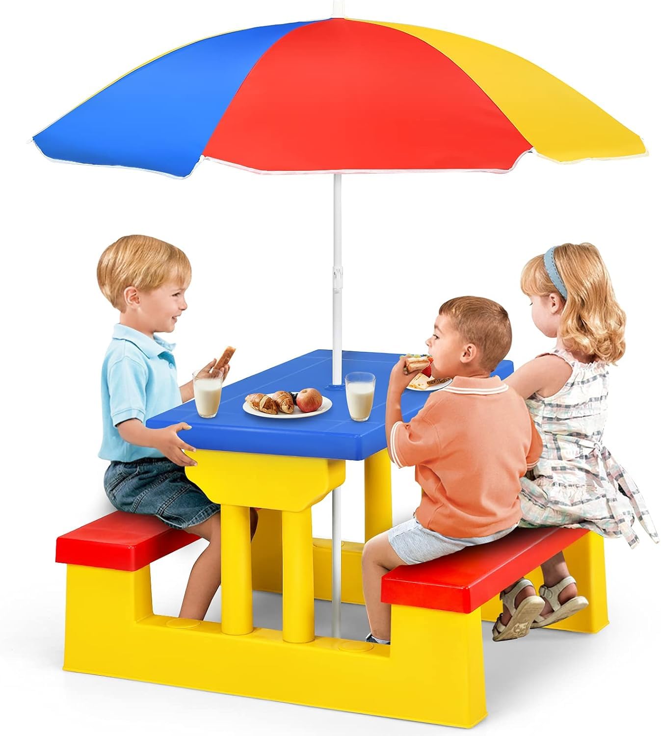 GOPLUS Kindersitzgruppe Outdoor, Picknicktisch mit Sonnenschirm, Picknickset mit Tisch & 2 Sitzbänke, Kinder Gartenmöbel, Sitzgruppe wetterfest, Kindermöbel für Garten & Hinterhof (Rot-Blau-Gelb)