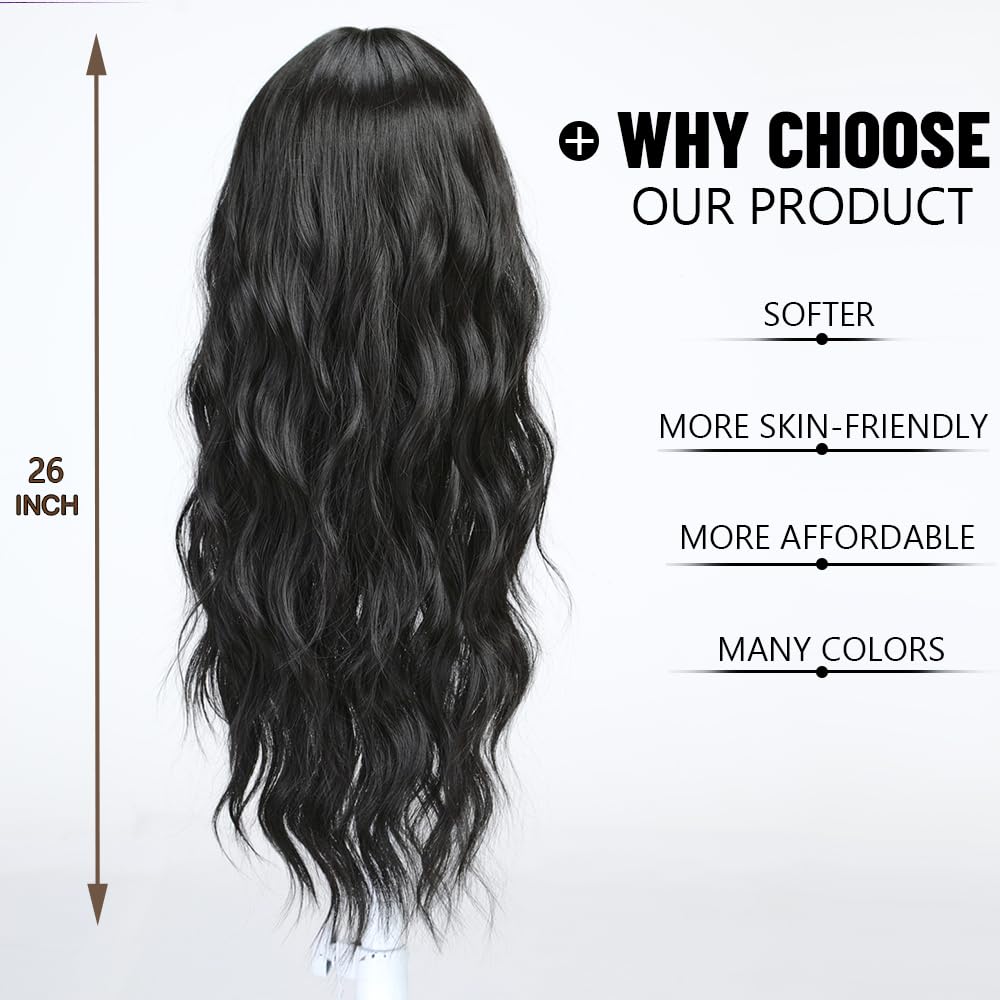 Esmee Long Wavy Black Wig for Women Natural Synthetic Hair Heat Resistant Brunette Wigs with Fringe, 26 pulgadas - Image 4