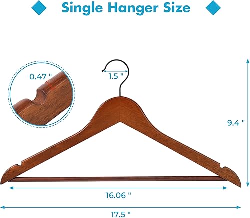 Miniatura 6 de JS HOME Paquete de 20 perchas de madera resistente con acabado extra suave, muescas cortadas con precisión y gancho giratorio negro de 360 grados,