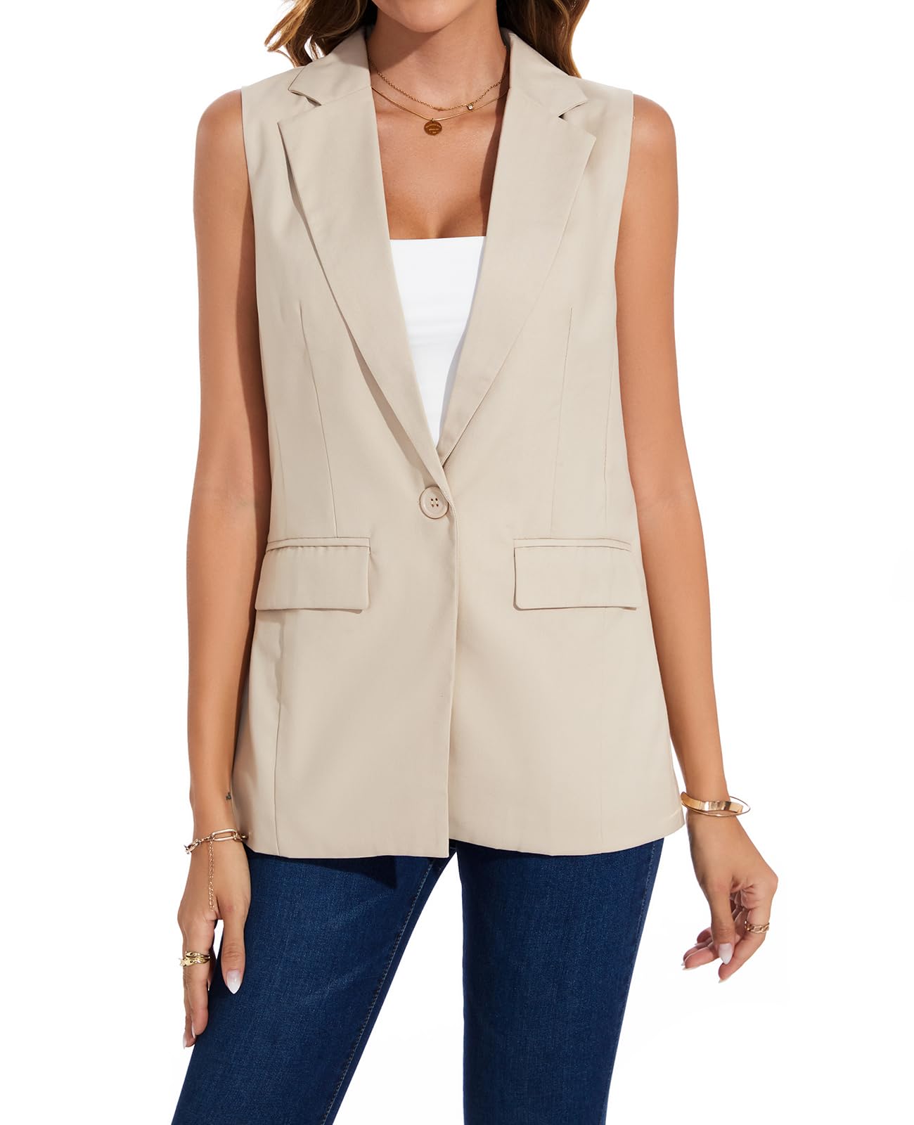 Damen Blazer Weste lang ärmellos gefüttert Ein-Knopf-Oberteil