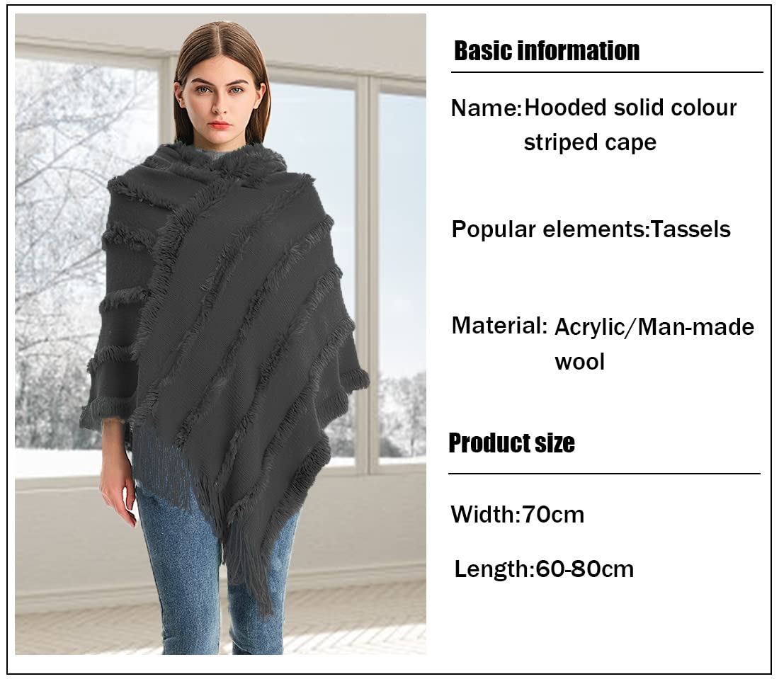 Ponchos con Capucha Mujer Punto Invierno Otoño Poncho de Las Mujeres Punto con Flecos Poncho a Rayas de Felpa de Color Liso Elegante Casual Suave Calentar