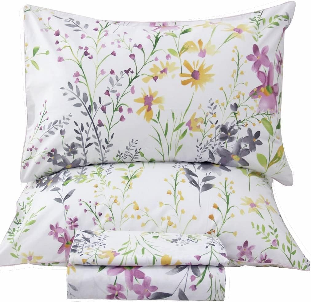 QSH 100% Cotton Sheets for Split King Size Bed - Floral Plant Pattern Botanical Luxury Cotton Printed Floral Bedding King Size Sheet with Deep Pockets 17" Soft and Breathable 5pcs