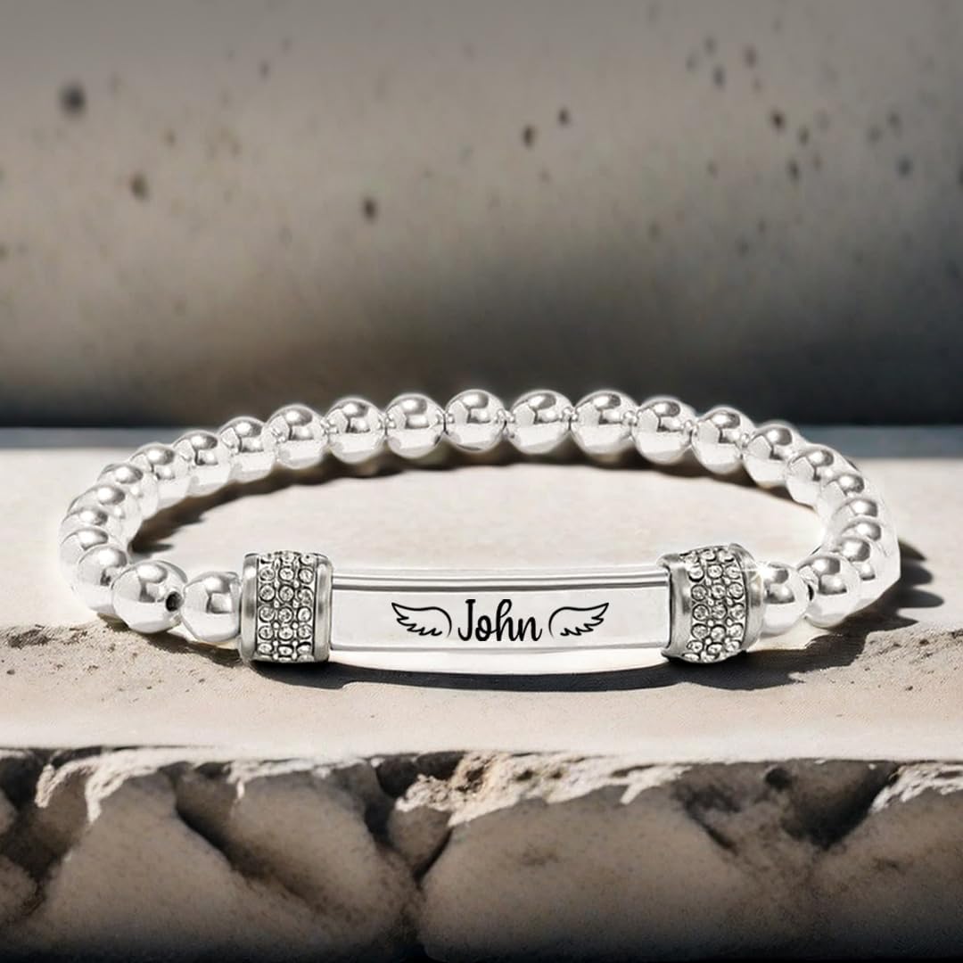 37JEWELRY Angel Memorial Bracelet for Women In Memory of Loved Ones Silver Stainless Steel Custom Name Angel Bead Bracelet