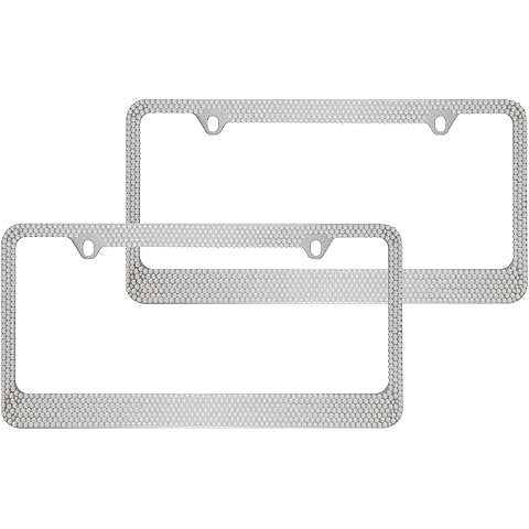 Stainless Steel Silver Sparkly Sparkling Diamond Crystal Bling Premium License Plate Frame Stainless Steel Metal Silver Rhinestone for Women Universal Size for Car Truck SUV (Pack of 2)