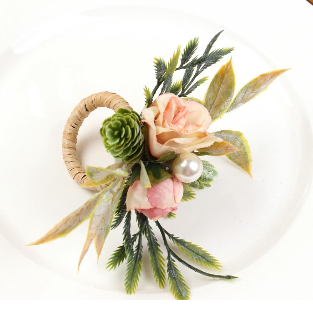 Rond De Serviette Lot de 30 Ronds De Serviette Double Rose Pomme De Pin Couleur Claire pour Mariage Hôtel Fête Anniversaire Dîner en Famille
