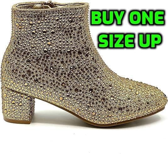 Forever Girls Rhinestone Boots Kids Low Heel Dress Booties Iceberg-12K Shoes Gold Rhinestone 22