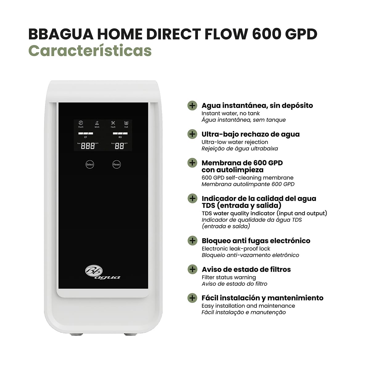 Sistema de Ósmosis Inversa Bajo Fregadero BBAGUA Home Direct Flow 600 – Sin Depósito - Flujo Directo – 1.6 L/min – Grifo y Kit Incluidos – Agua Potable Purificada