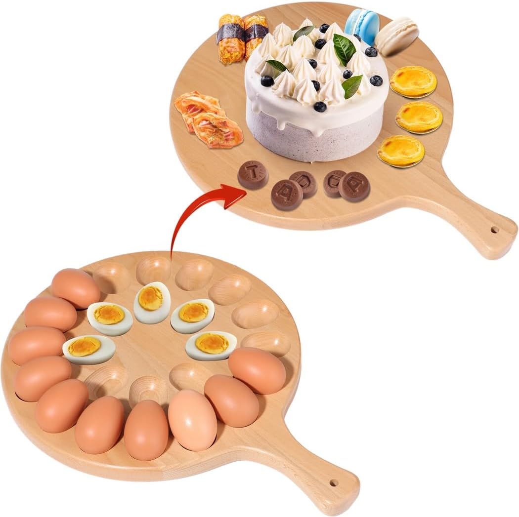 with Handle 2-in-1 Wooden Egg Tray, 24-Slot Deviled Egg Plate, Cheese Board Serving Platter for Party, Thick Countertop 12 Inch Kitchen
