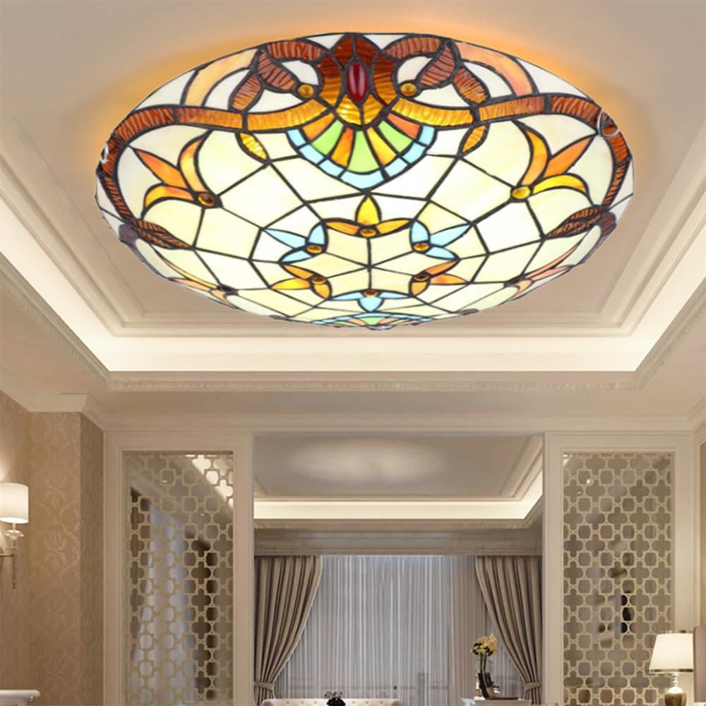 Mengjay Pastoral Style Ceiling Light Vintage Stained Glass Ceiling Lamp Flush Mount Lighting Fixtures Lamps Round Decorative lamp Fixtures for Bedroom Living Room (B, 40CM)