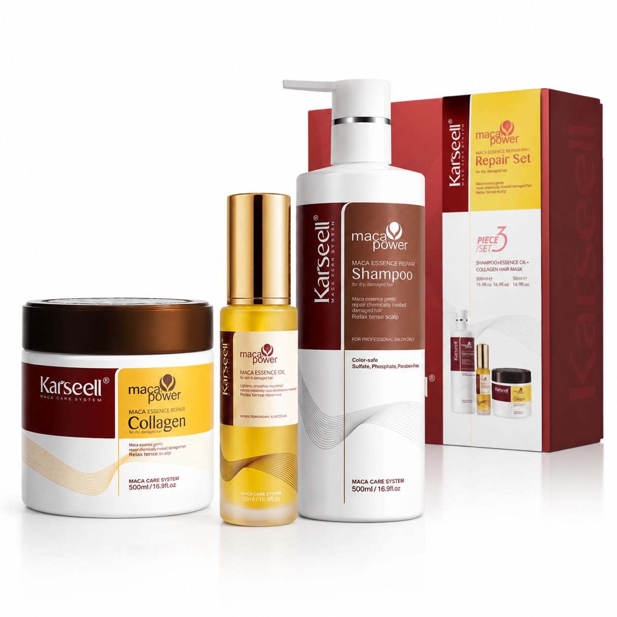 Karseell MACA CARE SYSTEM Set Kollagen Maske 500ml + Arganöl 50ml + Shampoo 500ml Haarreparatur Profi Feuchtigkeitspflege Anti-Frizz Glanz-Effekt Trockenes Strapaziertes Haar Maca-Essenz Komplett-Kur