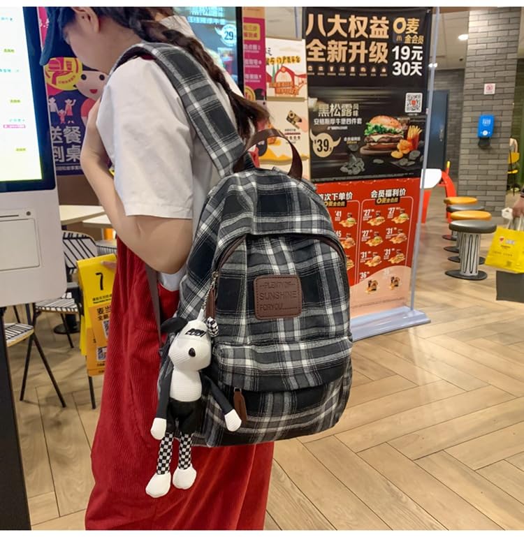 2025 Plaid Preppy Backpack for Women Y2k Aesthetic Shoulder Bag Vintage Daypack with Pendant Checkered Laptop Bag (Black)3