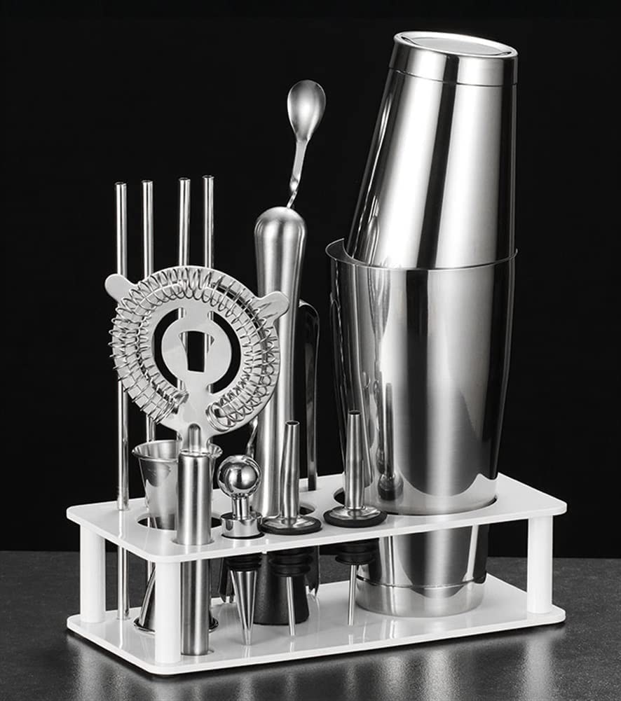 Kit de barman, ensemble de shaker à cocktails de 13 pièces, kit de barman à domicile parfait for le mélange de boissons, outils de bar en acier inoxydable avec support, outils de bar profession