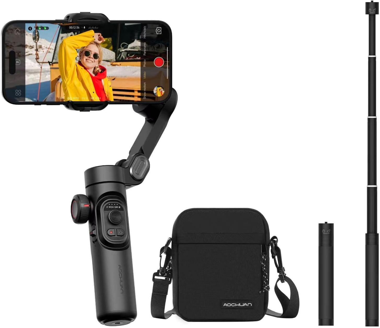 AOCHUAN 3-Axis Gimbal Stabilizer for Smartphone Smart XE & B10 Storage Bag & E10 Extension Rod