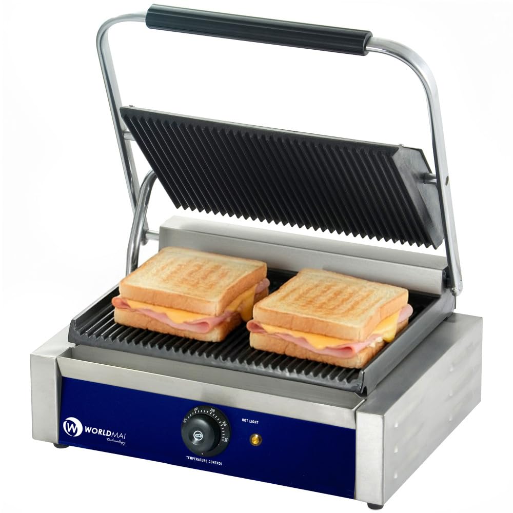 MBH – Grill Eléctrico Profesional WORLDMAI 44 x 41 cm con Placas Acanaladas para Hostelería. Plancha Sandwichera Panini de Contacto para Bar y Restaurante.