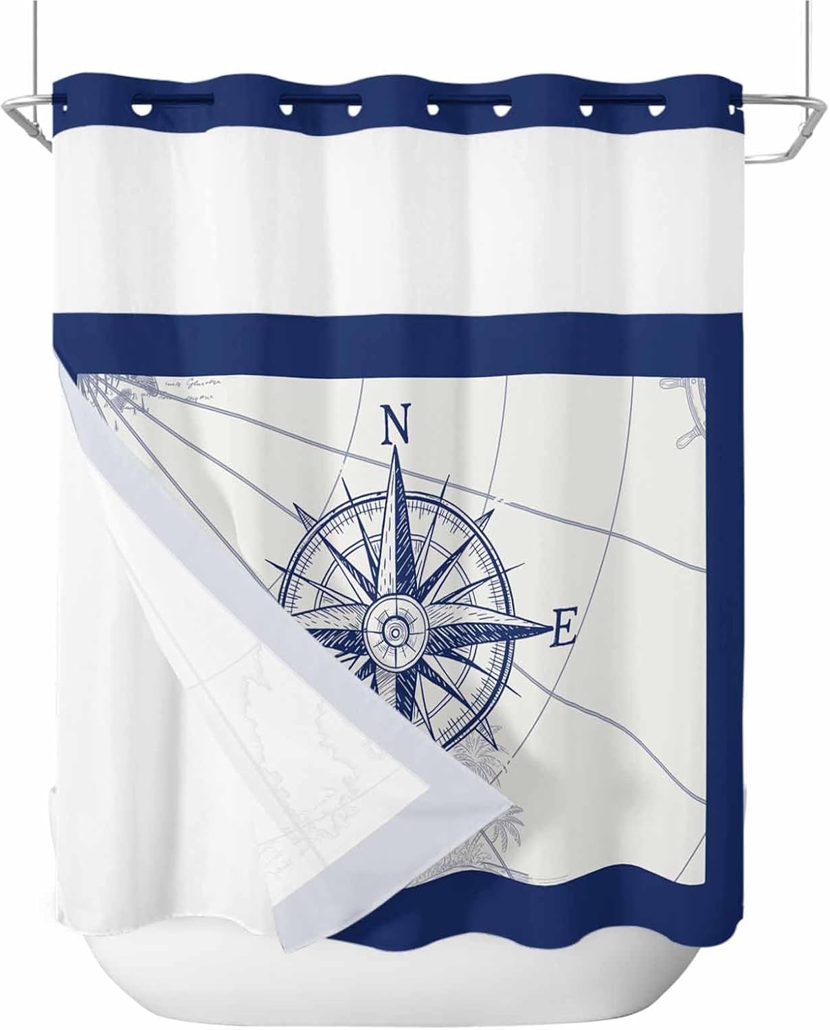 No Hook Shower Curtains, Navy Blue Nautical Standard Shower Curtains with Snap in Liner, Beach Ocean Coastal Compass Waterproof Washable Fabric Bathroom Shower Curtain Sets, 66" x 72"