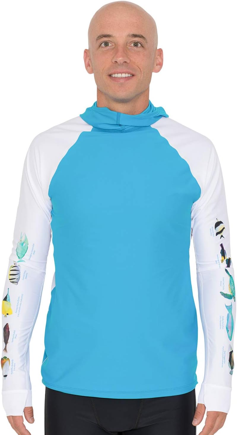 Tuga Men's Snorkel Hooded Rashguard, Hawaii Fish ID, UPF 50+ Swimwear, USA Made