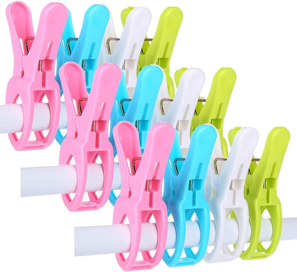 IELEK Beach Towel Clips Cruise Chair Holder Double Thickness Fashion Colors Plastic Quilt Hanging Clamps Jumbo Size 12 Pack for Pool Loungers Clothes Blanket Swimsuits,Curtains