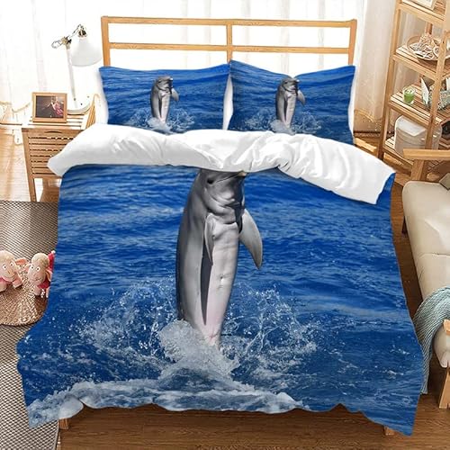 Jingzhang Dolphin Duvet Cover Sets 3Pcs，Grey White Dolphin Bedding Sets with Zipper Ties Happy Jumping Dolphin Microfiber Duvet Sets with 2 Pillow Shams,Full Size