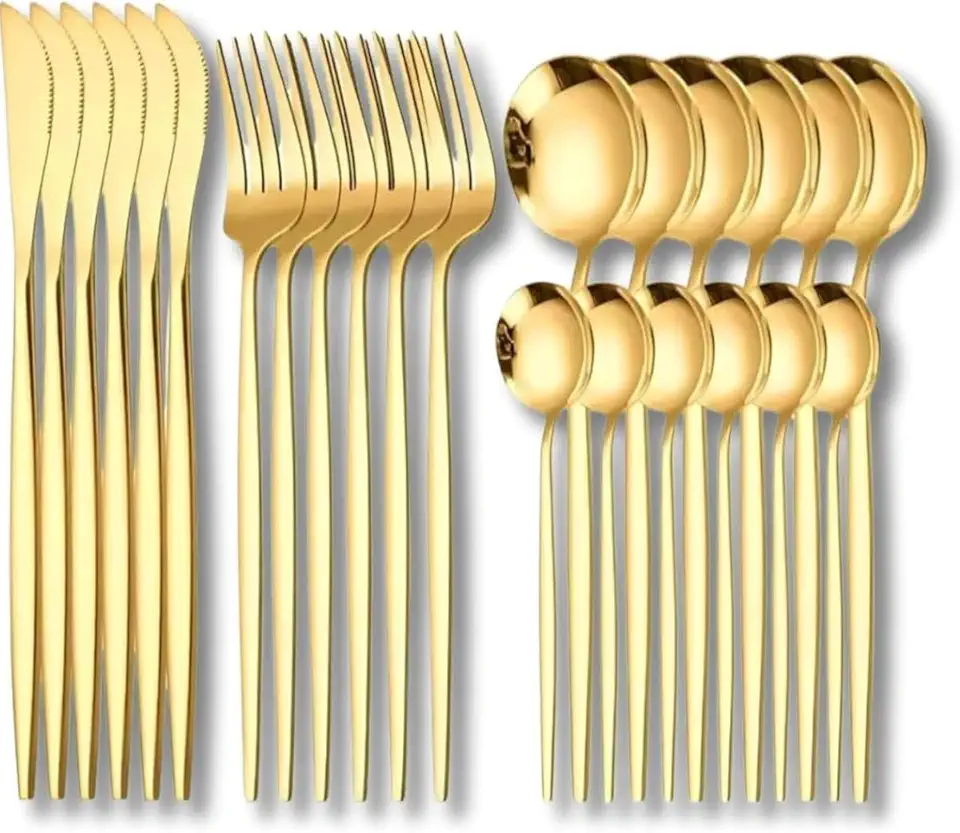 Conjunto de Talheres Dourado 24 Peças – 6 Conjuntos de Faca, Garfo, Colher e Colher de Chá – Aço Inoxidável Premium, Resistente a Manchas, Lavável em Máquina - Premium