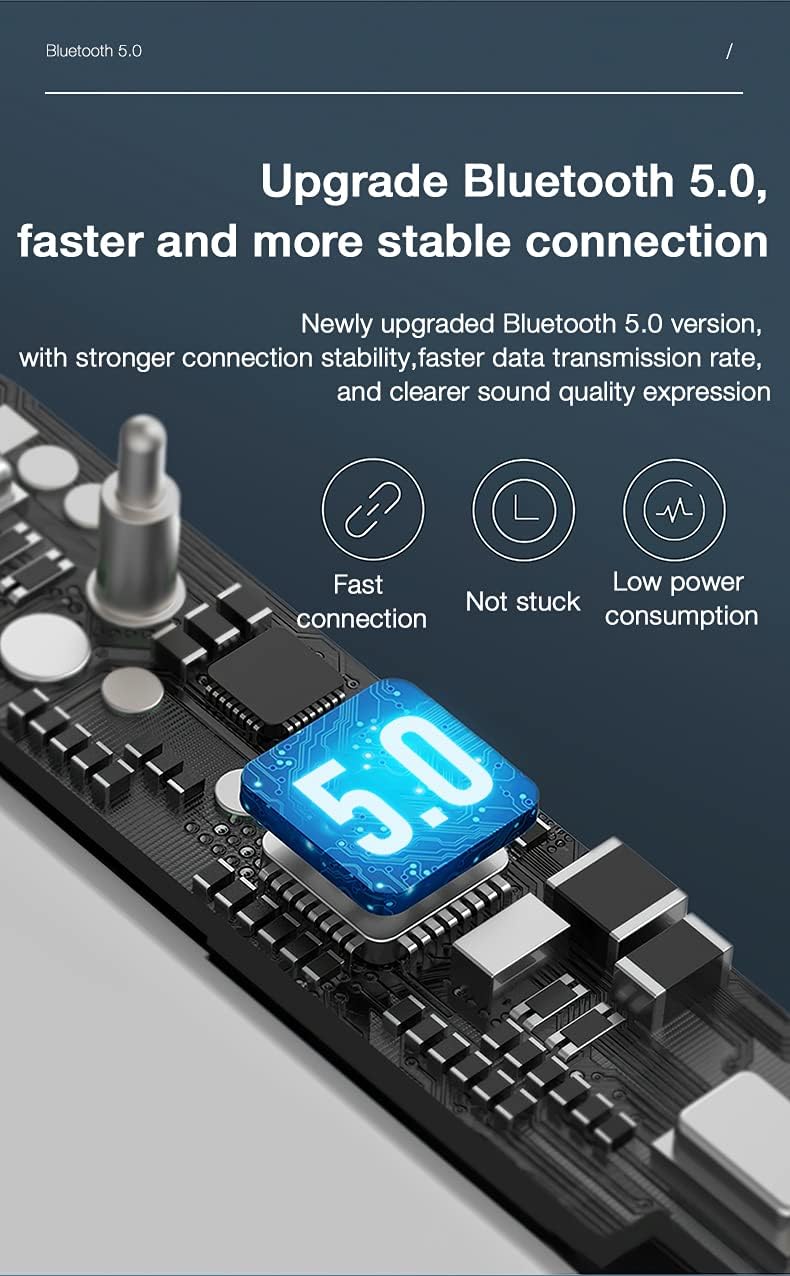 A circuit board with a prominent Bluetooth 5.0 chip, illustrating the 'Upgrade Bluetooth 5.0, faster and more stable connection' feature with icons for fast connection, no stuck, and low power consumption.