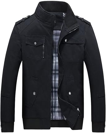 Men`s Classic Stand Collar Zipper Cotton Bomber Jacket with Shoulder Straps Black L