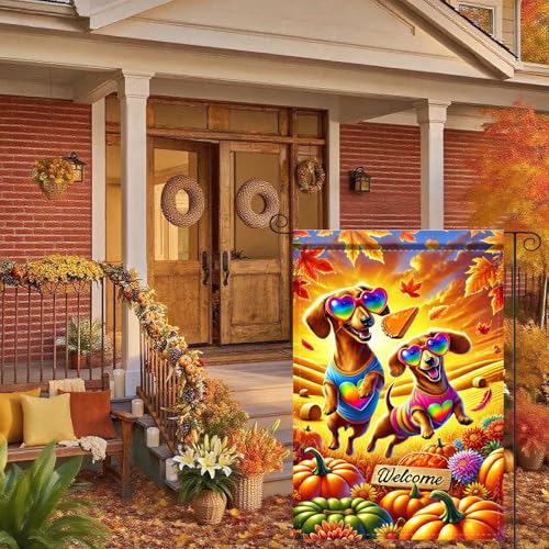 Image of Nuxovilar 12x18 inch Dachshund Dog Sunglasses Fall Flag | Double-sided Dachshund dog and pumpkin garden flag for porch, patio, and lawn decoration.
