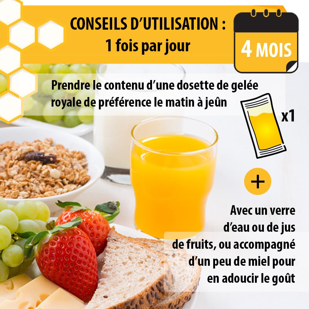 Gelée royale bio 120g | 120 dosettes 1g | Programme hiver 4 mois | Gelée royale française fraîche pure | Immunité adulte enfant | 100% Naturel