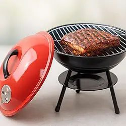 Churrasqueira Portátil a Carvão com Tampa 35cm com Respiro Grelha Espaçosa Aço Alta Resistência Pés Removíveis Controle de Temperatura Compacta para Camping Praia Varanda Piquenique Fácil de Montar