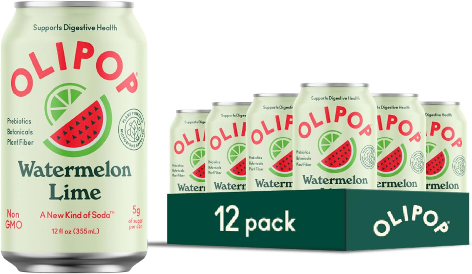 OLIPOP Prebiotic Soda Pop, Watermelon Lime, A New Kind of Soda Packed with Prebiotics, Fiber, and Botanicals, Gluten Free, GMO Free, 12oz (12-Cans)