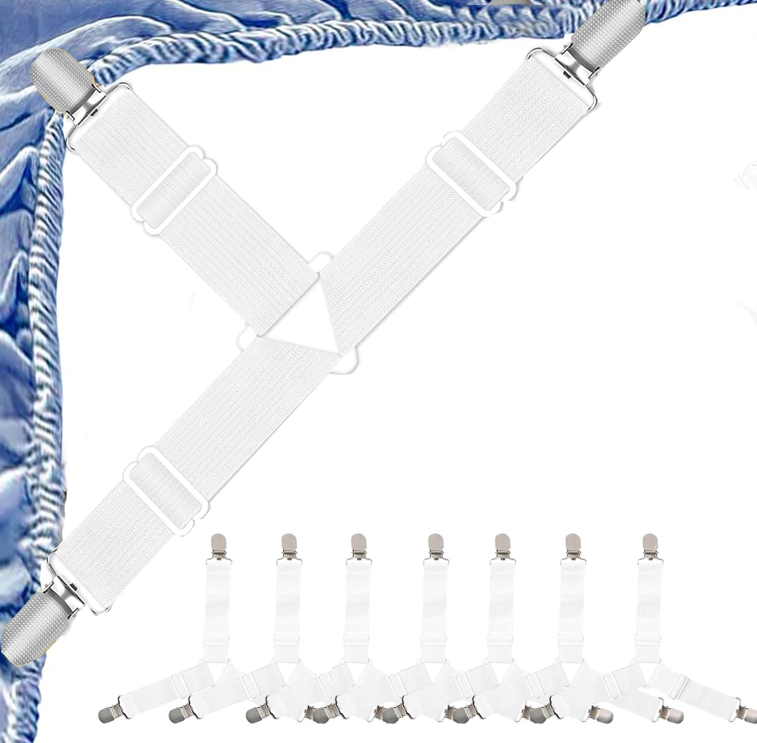 8 Pezzi Ferma Lenzuola x Angoli, Bretelle Regolabili con Clip in Metallo, Tendi Lenzuoli Triangolari per Fissare Lenzuolo al Materasso, Divano, ASSE da Stiro, Senza Pieghe