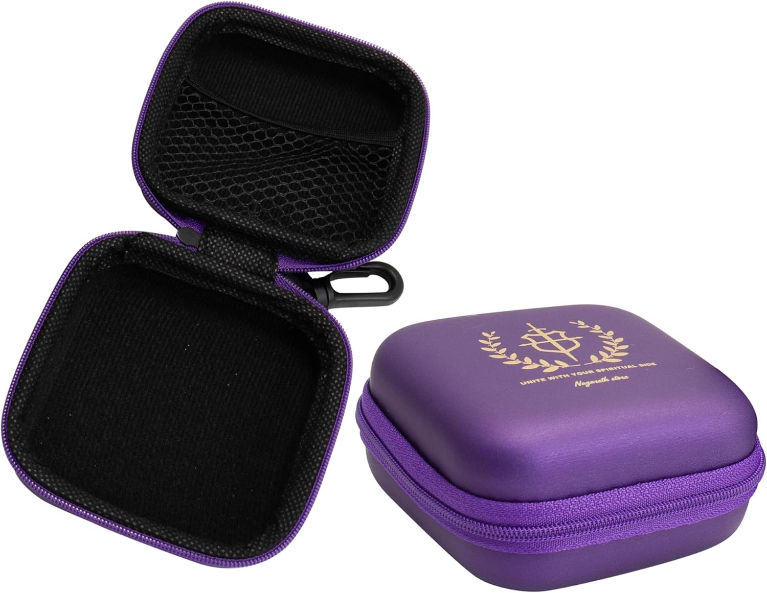 Nazareth Store Custodia per rosario viola con cerniera e clip, guscio rigido protettivo per preghiera, con interno morbido e tasca in rete, custodia da viaggio per rosari cattolici e regali religiosi