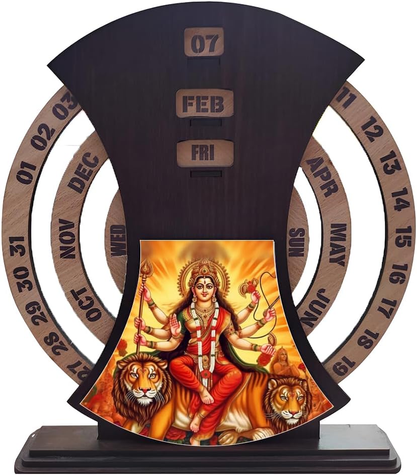 Glamorous Creation Mata Rani Wooden Desk or Table Photo Calendar | Infinite Calendar | Every Year Usable | 12 Inch | Brown Color