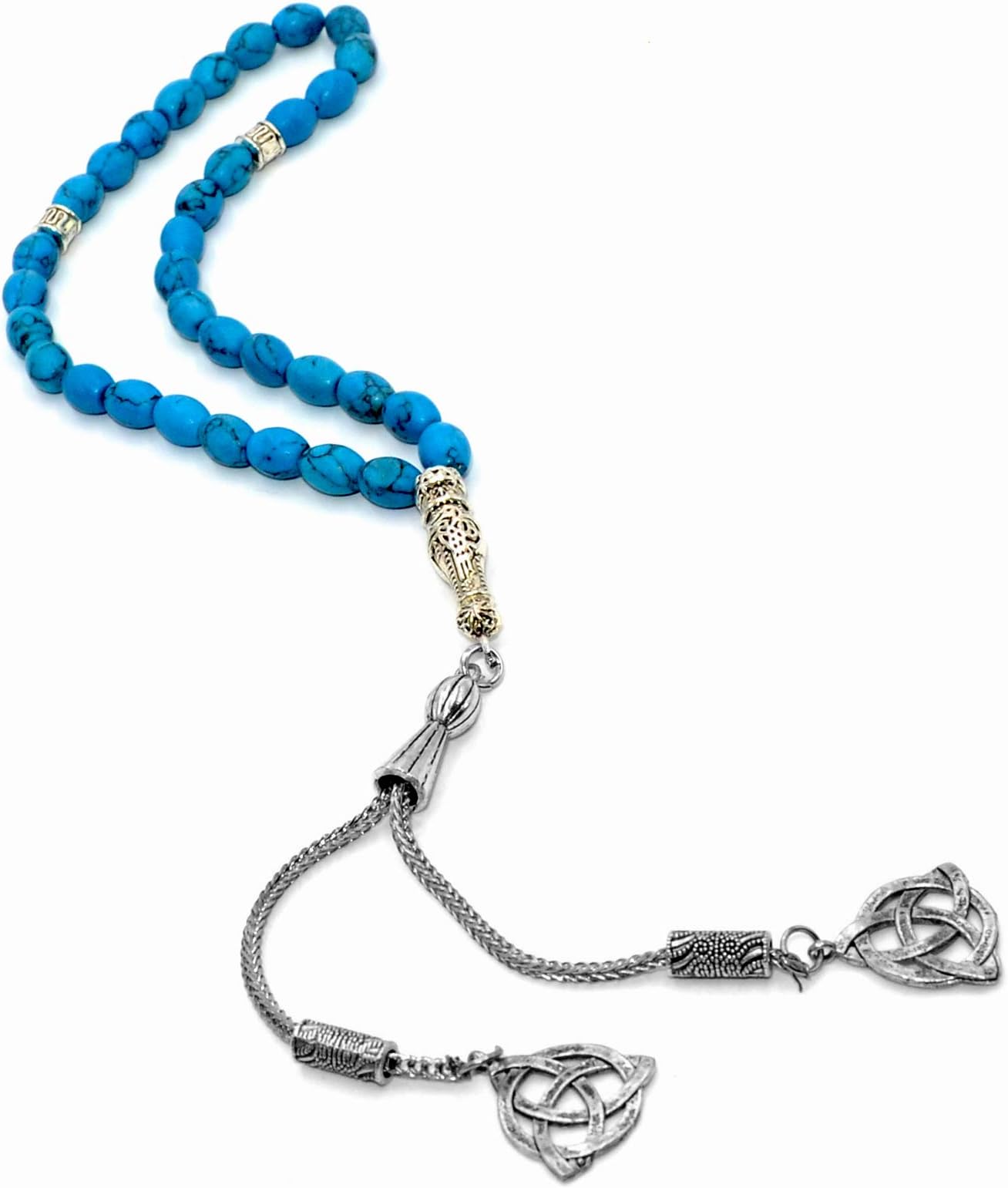 -New Turquoise Collection- (33 Beads) Worry Beads-Prayer Beads-Tesbih-Tasbih-Tasbeeh-Misbaha-Masbaha-Subha-Sebha-Sibha-Rosary (Synthetic Blue Oval Turquoise Stone)