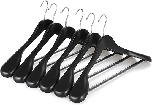 TOPIA HANGER Wide Shoulder Wooden Hangers, Suit Hangers with Non Slip Pants Bar & 360 Swivel Hook, Solid Wood Heavy Duty Coat Hanger, 6 Pack Matte Black-CT02B