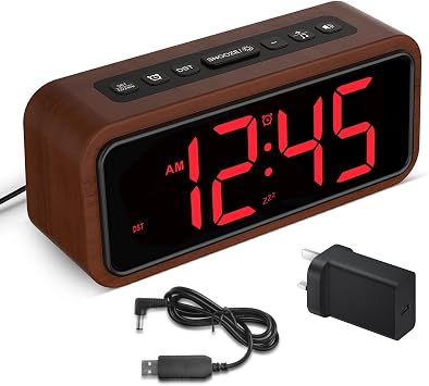 Loud Alarm Clocks Bedside, Wooden Alarm Clock with 12 Alarm Sounds, 5 Volumes, 5 Brightness, LED Display, Snooze, Manual DST, Loud Alarm Clocks for Bedroom Living Room, Mains Powered Red