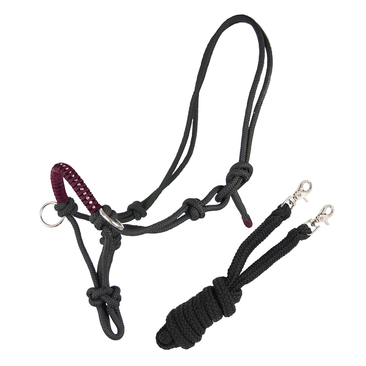 Brama West Cabestro de nudo con riendas para caballos, con mosquetón y brillantes, color gris/burdeos, talla completa