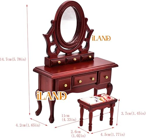 Miniatura 8 de iLAND Muebles de madera para casa de muñecas a escala 1/12, muebles de dormitorio de casa de muñecas en color caoba, incl casa de muñecas, cama
