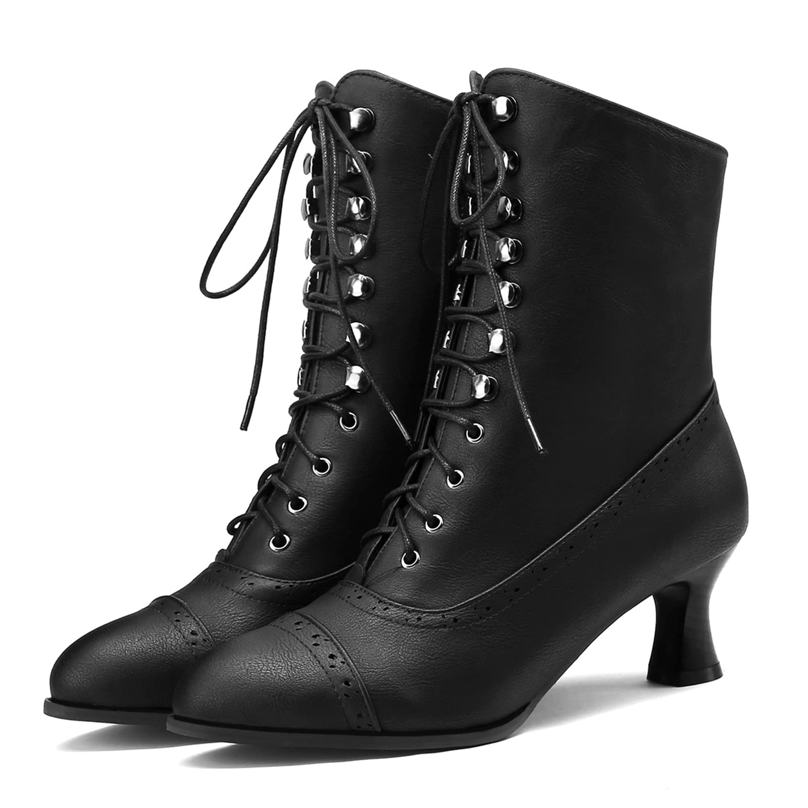 Botines con cordones para mujer, botas victorianas de tacón de gatito, botines puntiagudos con cremallera lateral