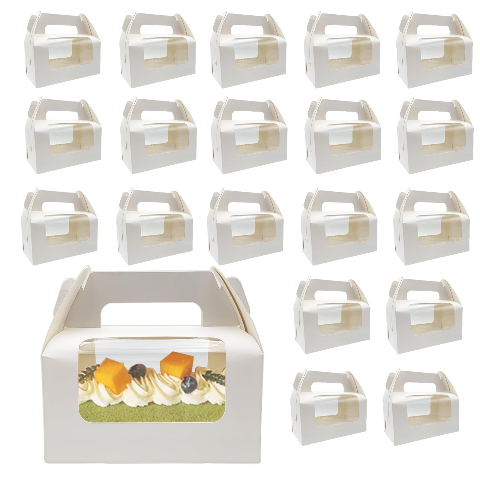 SYOSI20 Pcs Cake Boxes, Paper Cake Packing Box, White Cake Packing Box with Clear Window, Handle and Base for Cakes, Pastries, Cookies, Cupcakes, Swiss Roll (6.3 x 3.7 x 3.1 Inches)
