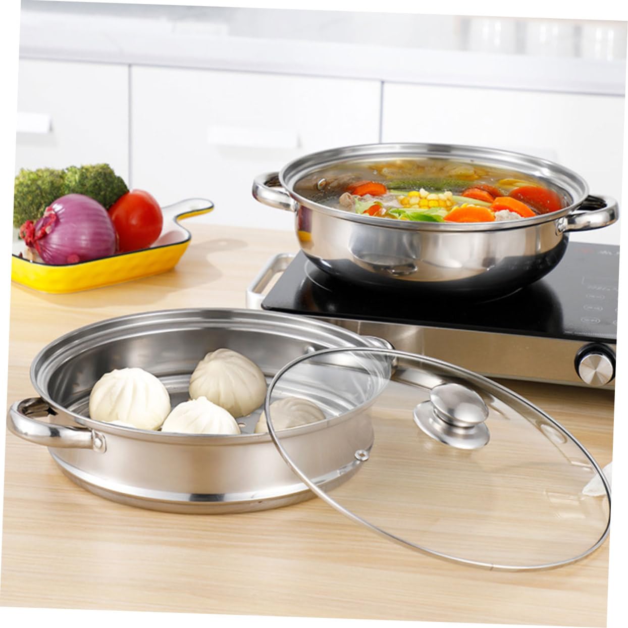 MAGICLULU Edelstahl Dampfgarer 3-lagig 28cm mit Glasdeckel Dampfkorb zum Dünsten von Gemüse und Suppen Mehrschichtiger Dampftopf für Schonendes Kochen im Haushalt