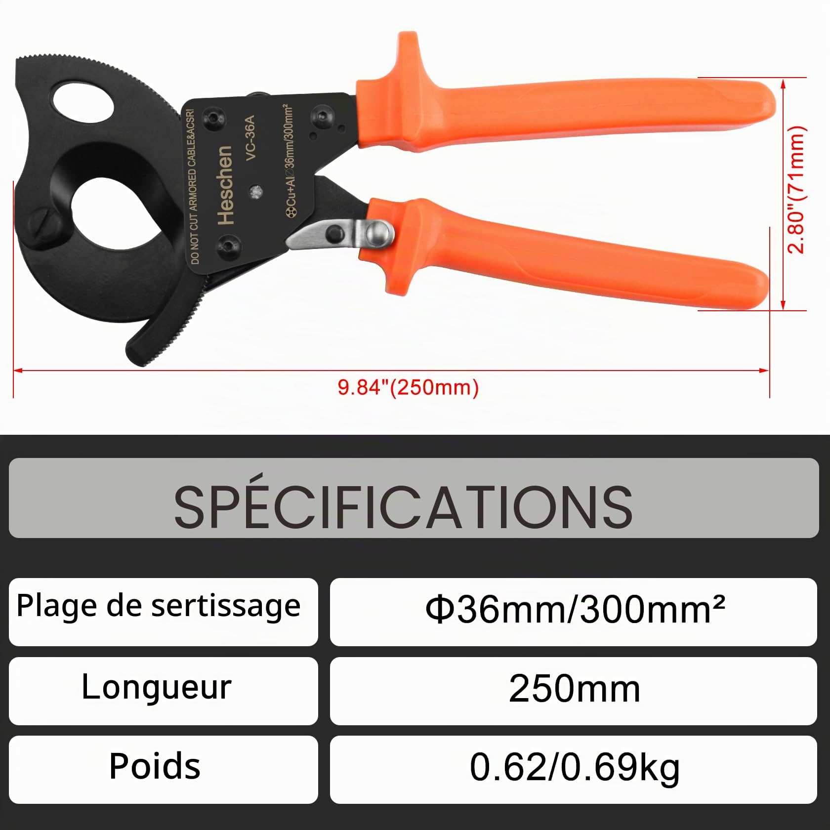 Heschen cliquet coupe-câble VC-36A utiliser pour 36mm / 300mm² pince à dénuder pince à main outil de sertissage