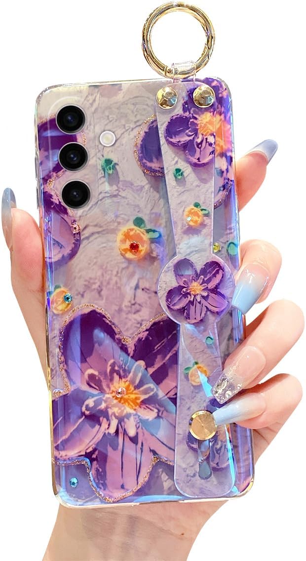 for Samsung Galaxy A15 5G Case 6.5" Sparkle Bling with Strap Stand Cute Pattern IMD Plating Design Silicone Shockproof Protective Glitter - Purple Flower