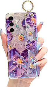 for Samsung Galaxy A15 5G Case 6.5" Sparkle Bling with Strap Stand Cute Pattern IMD Plating Design Silicone Shockproof Protective Glitter - Purple Flower