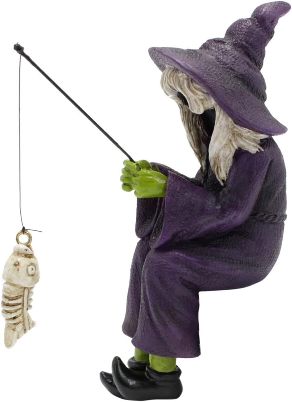 Witch Fishing Skeleton Fish Halloween Creative Funny Desktop Ornament Home Outdoor Landscape Gift Halloween Essential Decoration