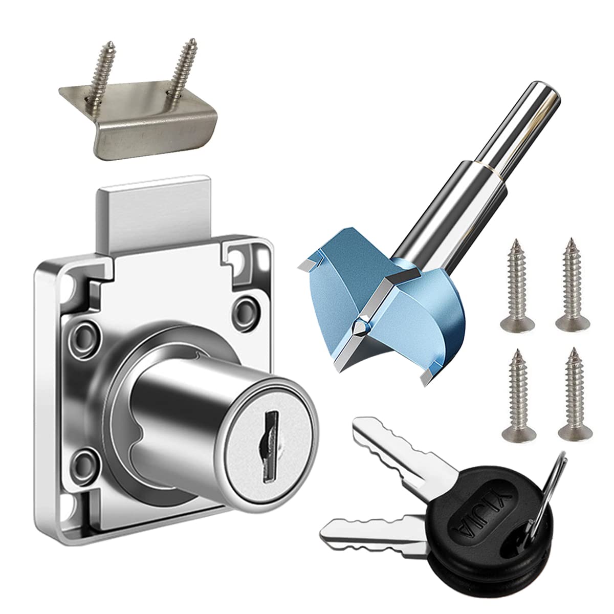 Cabinet Drawer Locks & Forstner Drill Bit (Drilling Diameter 0.79"/20 mm) Furniture Locker Locks [Same Keys] All Keys are Universal. for Door Panels 17-22mm Thick. [Silver]