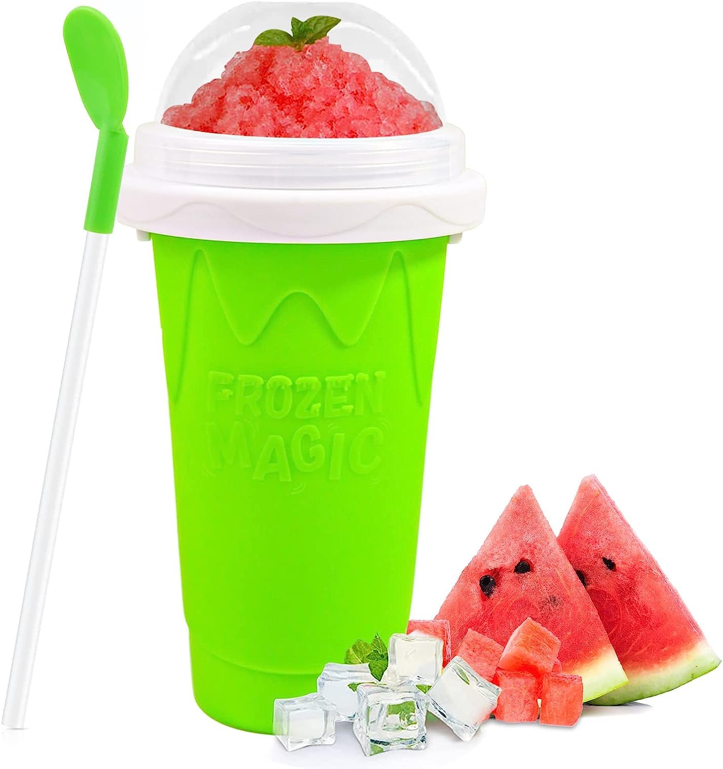 Magic Frozen Slushy Maker Squeeze Cup, Portable Freeze Silica Mug for Ice Cream Milkshake Slush Smoothie, Quick Frozen Slushy Smoothies Ice Cream Maker with Dome Lids (green-400ml)